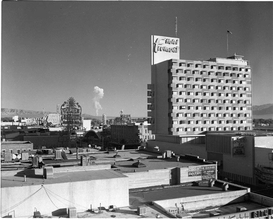 The best views were from Las Vegas, and the city took full advantage of the atomic spectacle. Detonation times were announced in advance, as well as the best places to observe. Casinos, hotels and inns boasted of their northward views, offering atomic cocktail specials and "Sunrise Bomb Parties." In this image, a mushroom cloud is seen from the city of Las Vegas. Photo credit: Citylab / Las Vegas News Bureau.



