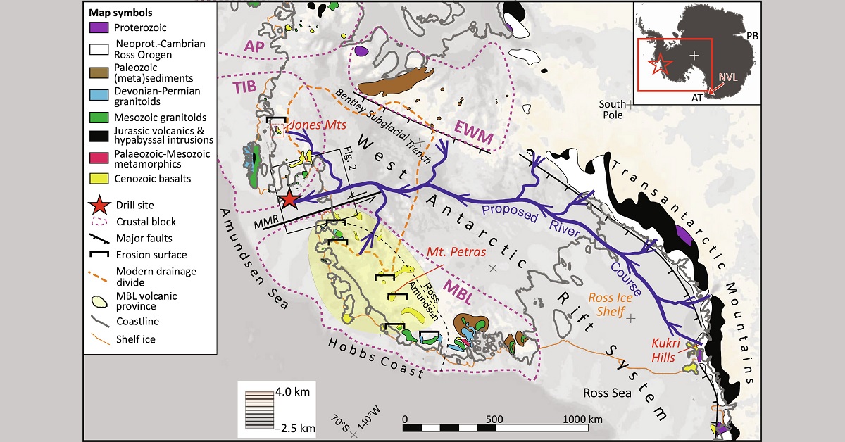 mapa de sistema fluvial en la antártida