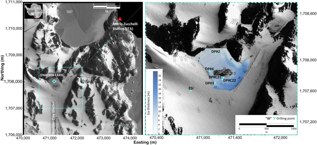 El misterio del lago helado en la Antártida: ¿Qué se esconde a 14 metros bajo el hielo? 3 Las imágenes obtenidas a través de agujeros perforados en el hielo superficial de 14 metros de espesor del lago Enigma revelaron una bolsa de agua líquida, como se ve en estas imágenes